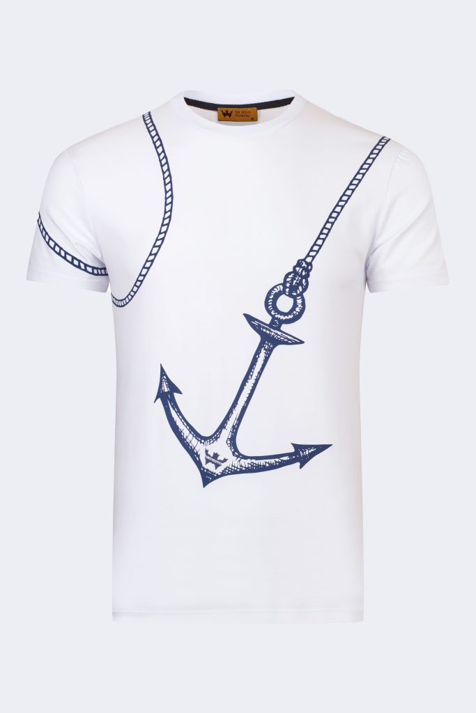 Ship anchor printed T-shirt – White-Navy blue-0