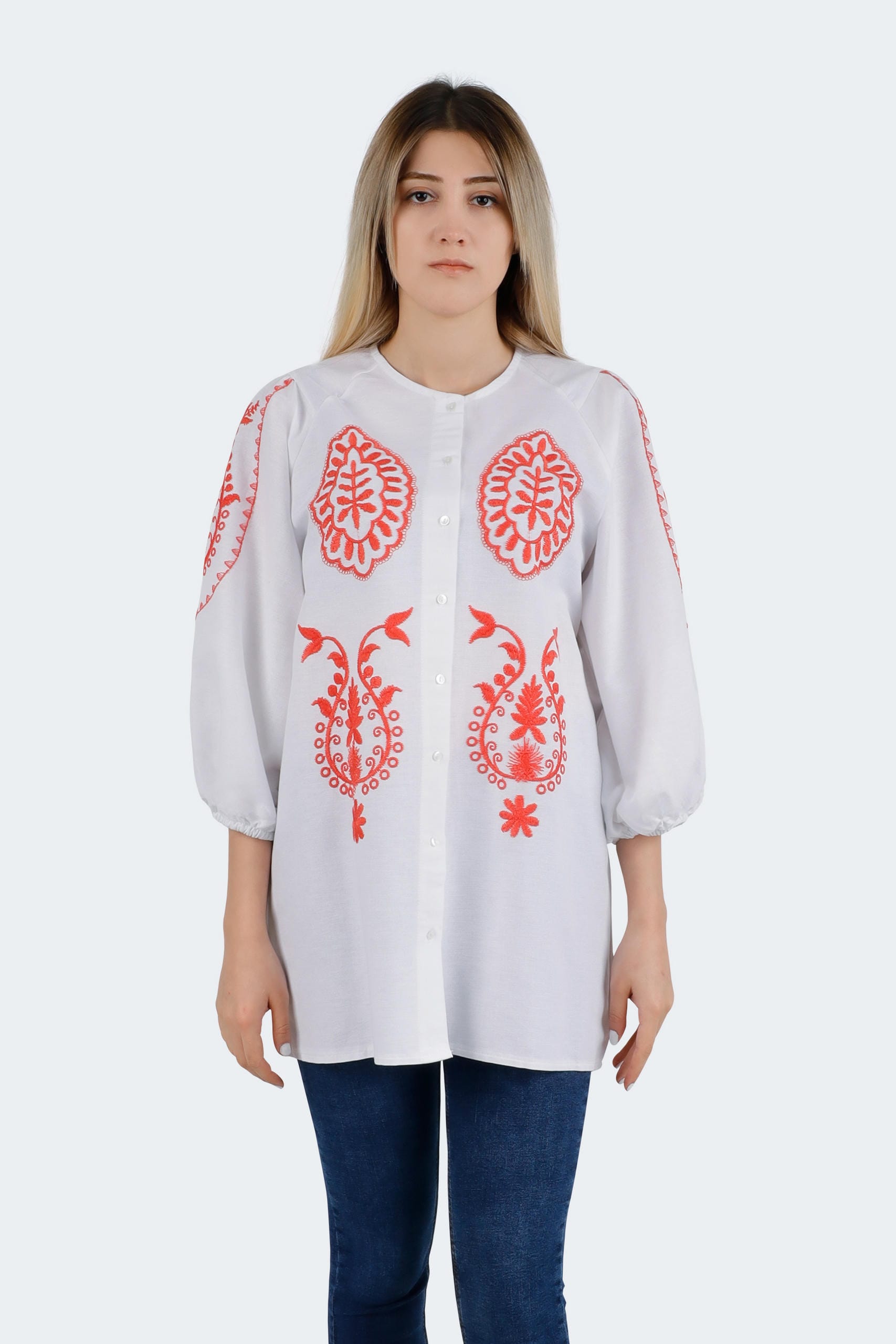9165 (1) Women's Ethnic Patterned Shirt with Balloon Sleeves - Image 1
