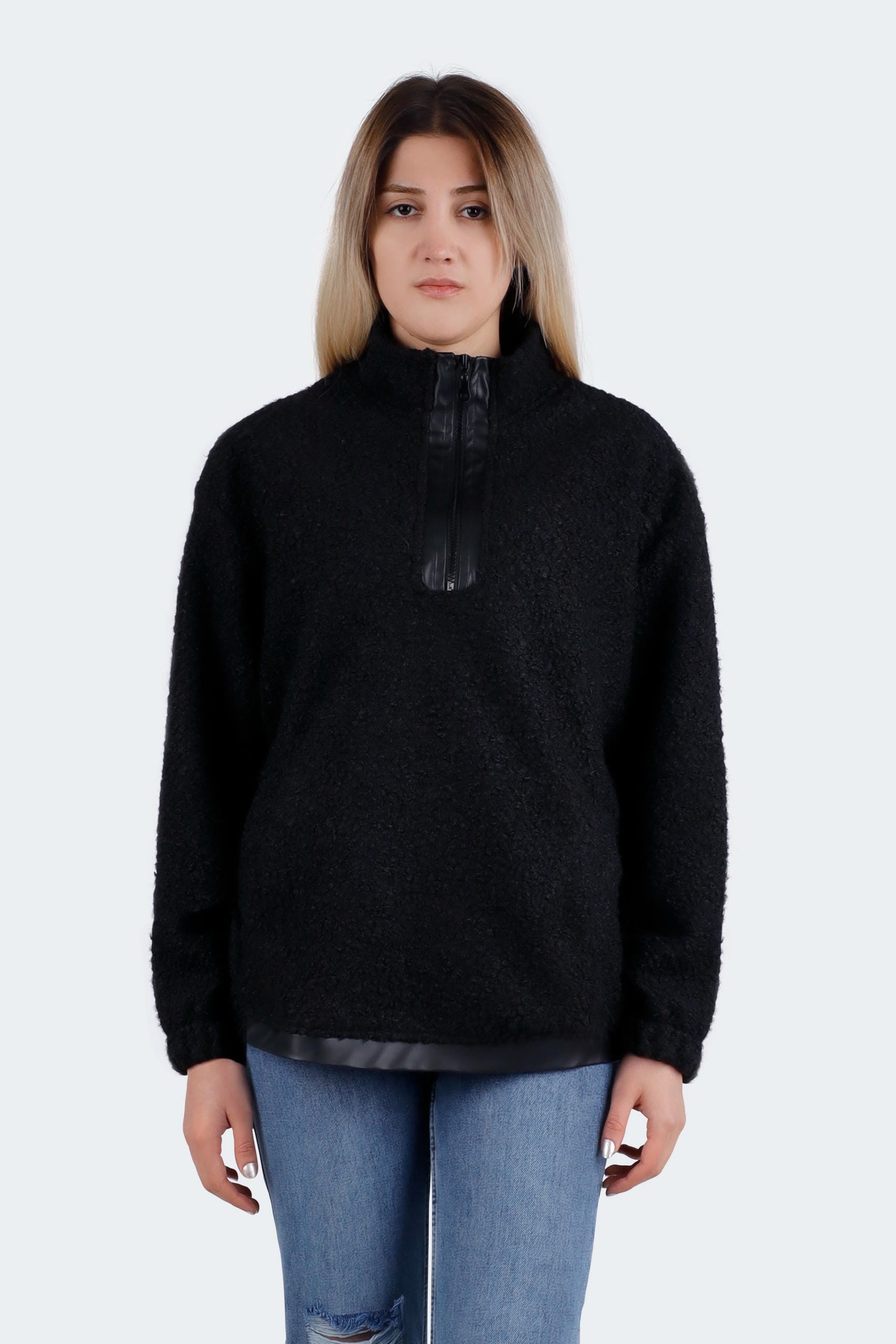 9284 (1) Synthetic Leather Detailed Bouclé Textured Sweatshirt - Image 1