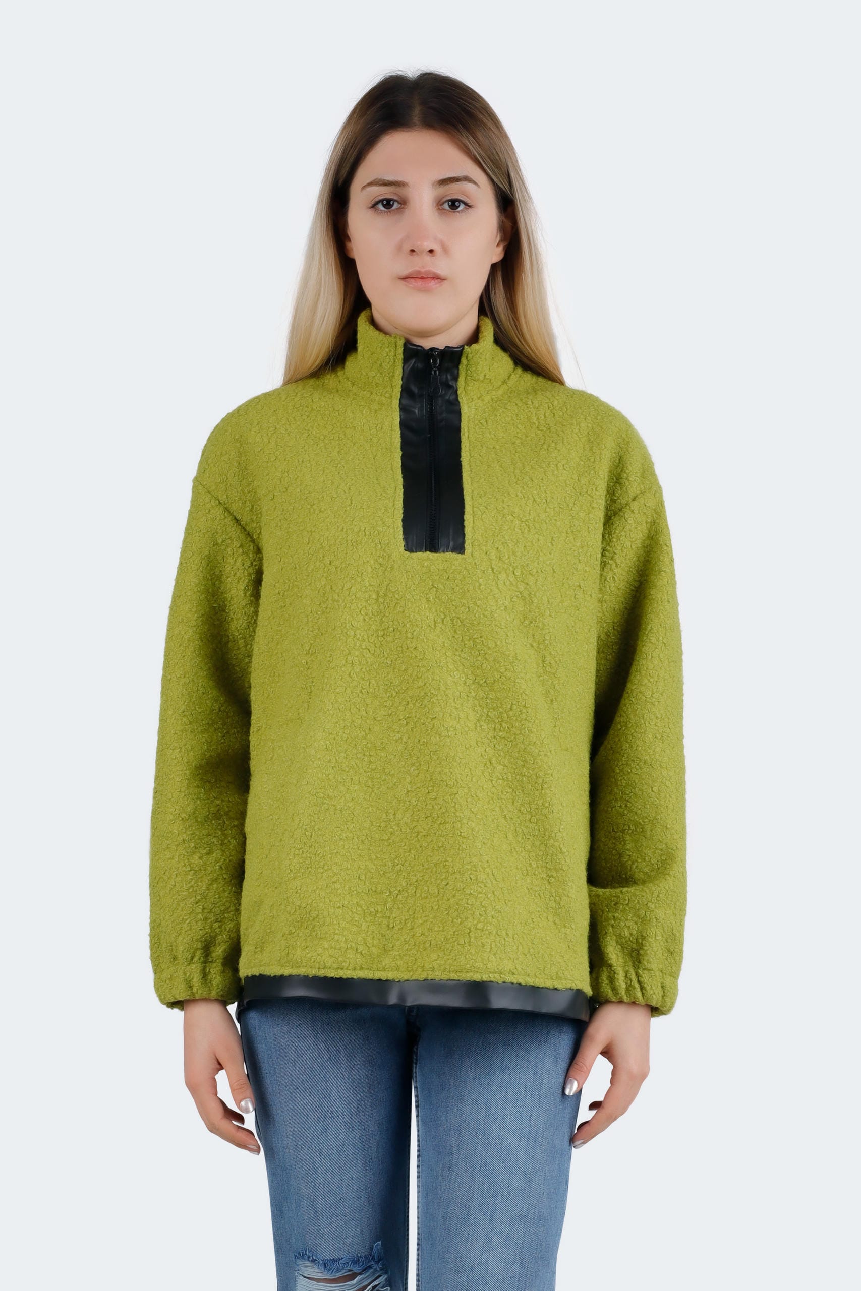 9284 (9) Synthetic Leather Detailed Bouclé Textured Sweatshirt - Image 1